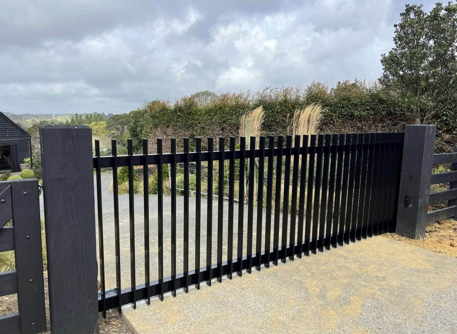 Black picket-style sliding gate across a concrete driveway with a trimmed hedge and ornamental grasses behind it
