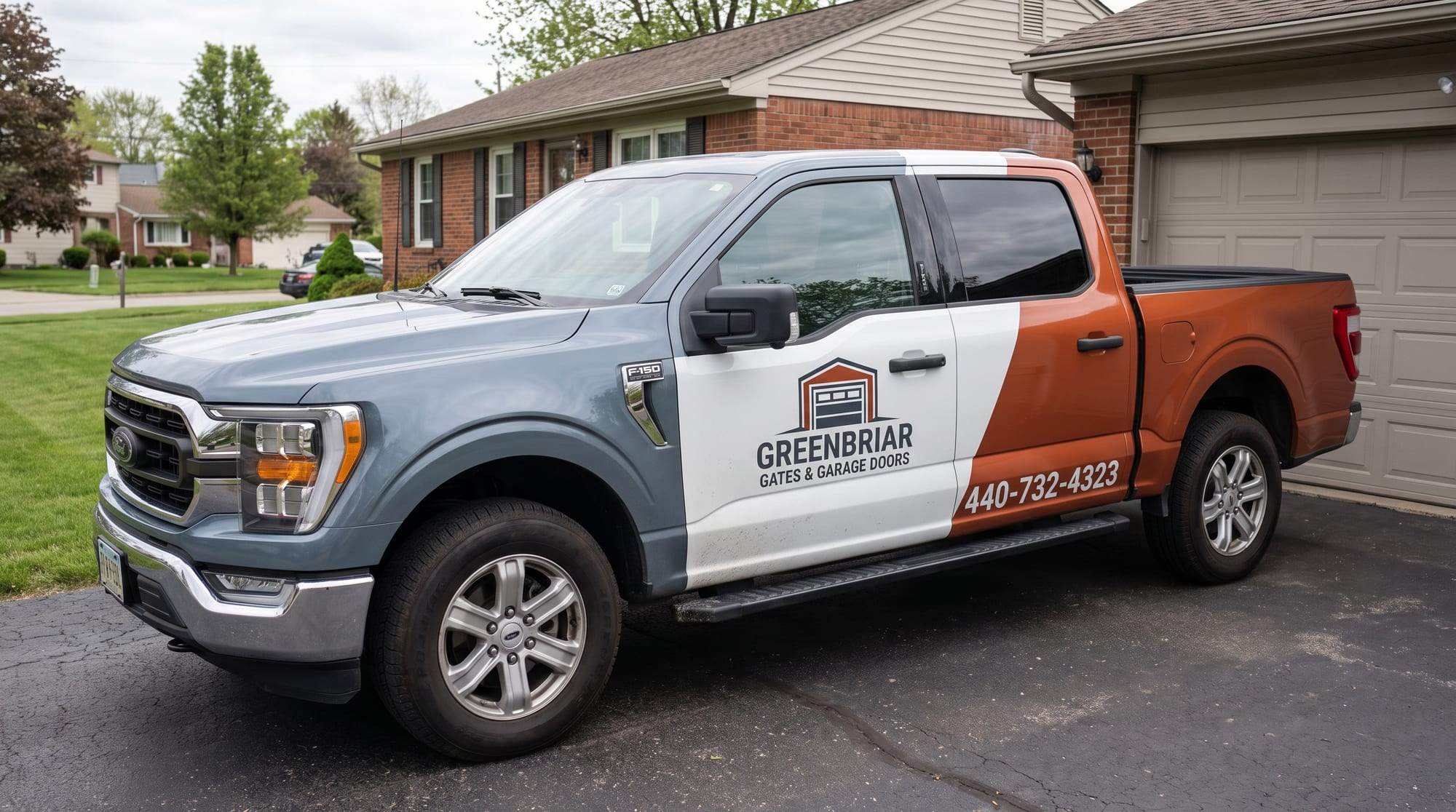 Greenbriar Gates & Garage Doors pickup truck in slate gray, white and burnt orange, with the company logo and phone number on its side, parked in the driveway of a brick ranch house beside a closed garage door