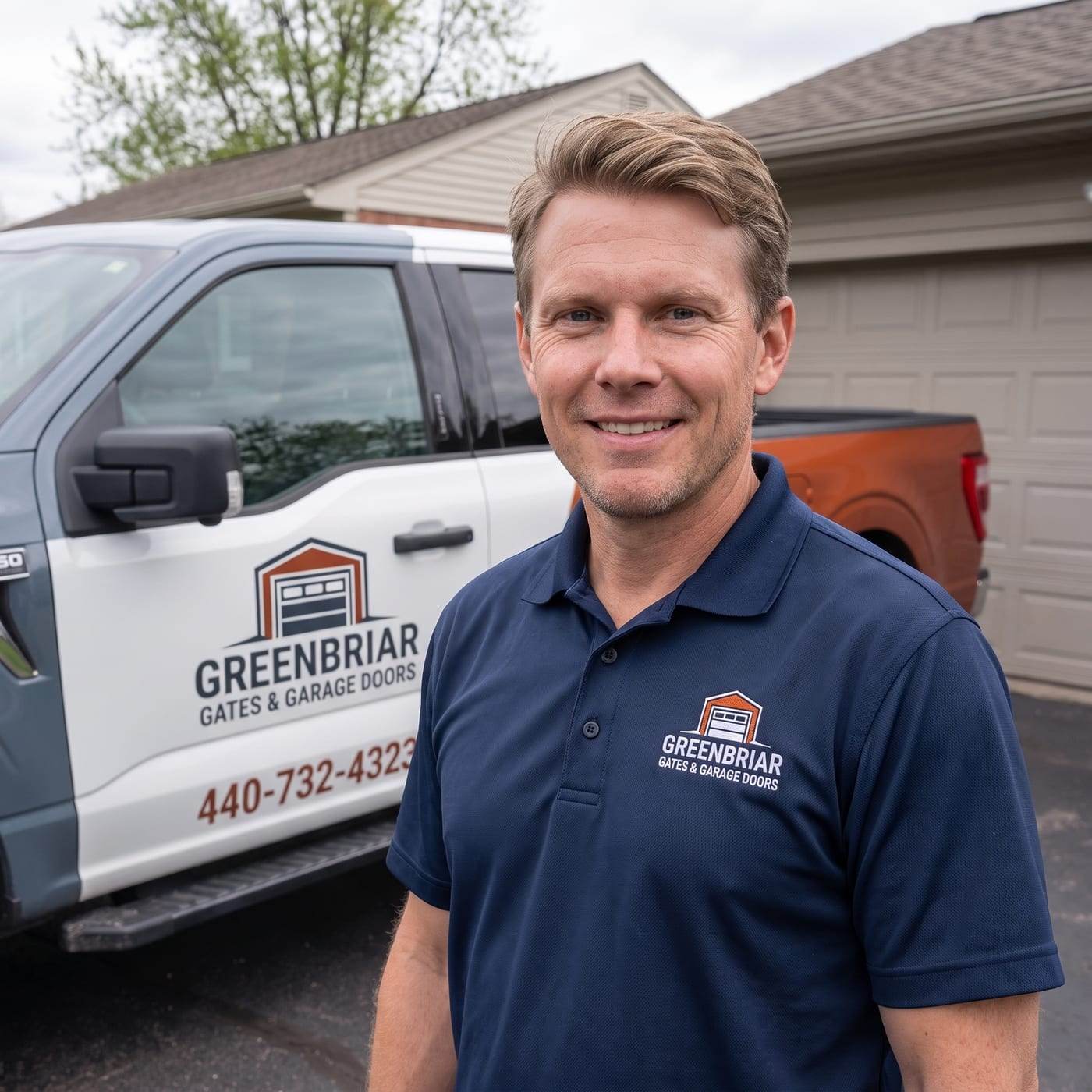 Anthony Shaw, manager of Greenbriar Gates & Garage Doors, in a navy polo with the company logo, standing beside the service truck in a residential driveway