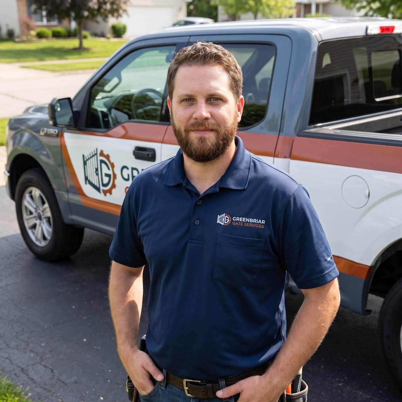 Anthony Shaw, manager of Greenbriar Gate Services, in a navy company polo standing in front of the service truck